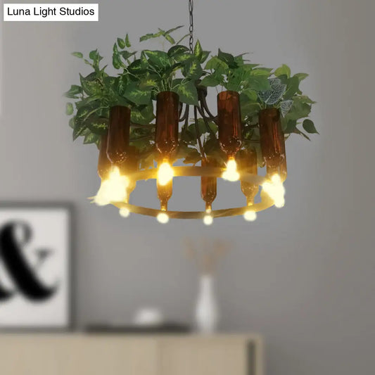 Green Wagon Suspension Light - Industrial Metal 10-Head Chandelier with Plant Deco - Perfect for Restaurants