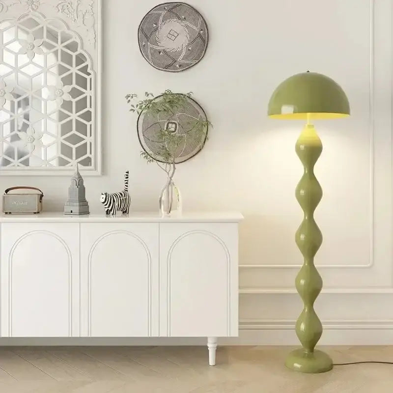 Olive green glossy sculptural floor lamp with dome shade and segmented base for decorbites circle mushroom floor lighting