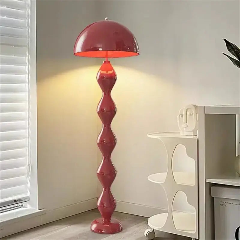 Vibrant red glossy dome-shaped floor lamp with sculpted segmented base for decorbites circle mushroom floor lighting