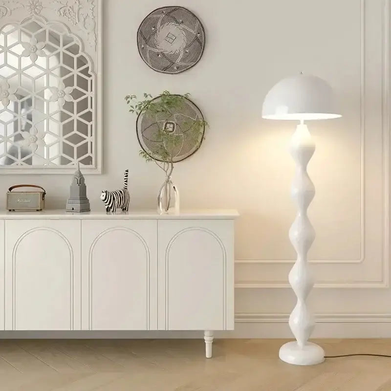 White sculptural floor lamp with dome-shaped shade and twisted segmented base for decorbites circle mushroom floor decor