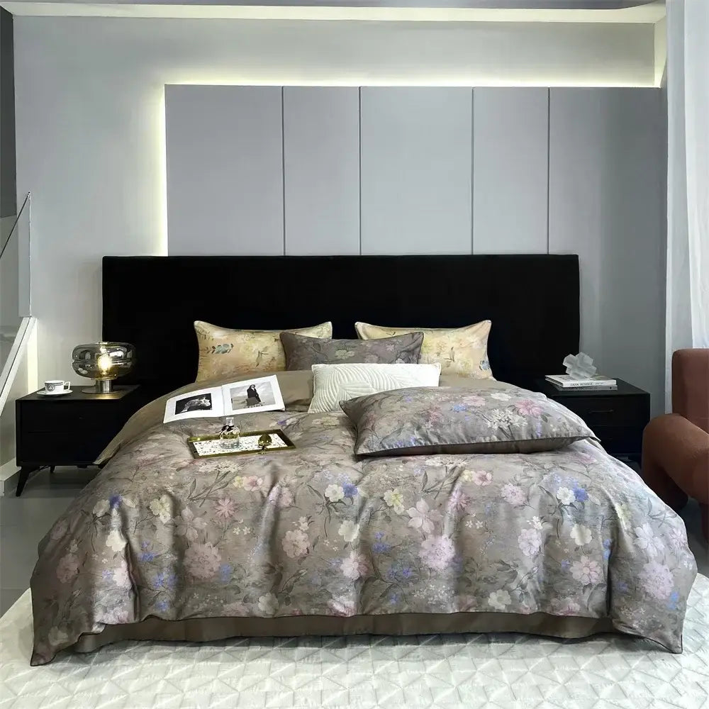 Elegant gray floral bedding set with subtle pastel blossoms made from decorbites 1000tc egyptian cotton fabric