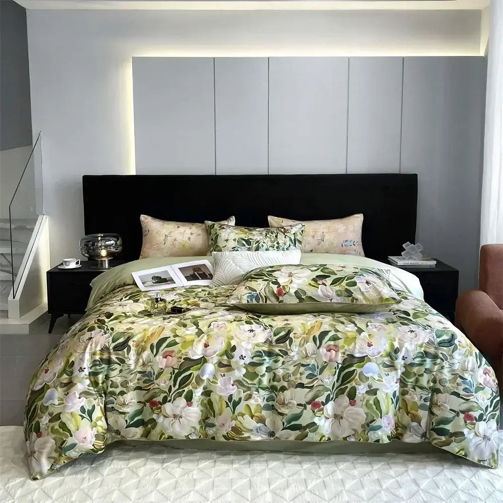 Elegant green and white floral duvet cover with a soft satin finish from decorbites 1000tc egyptian cotton bedding set