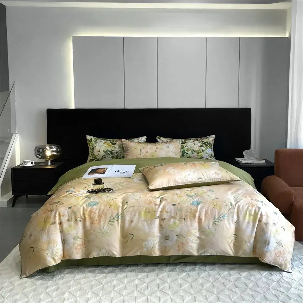 Beige floral satin duvet cover set with green piping and matching pillowcases in decorbites 1000tc egyptian cotton bedding set