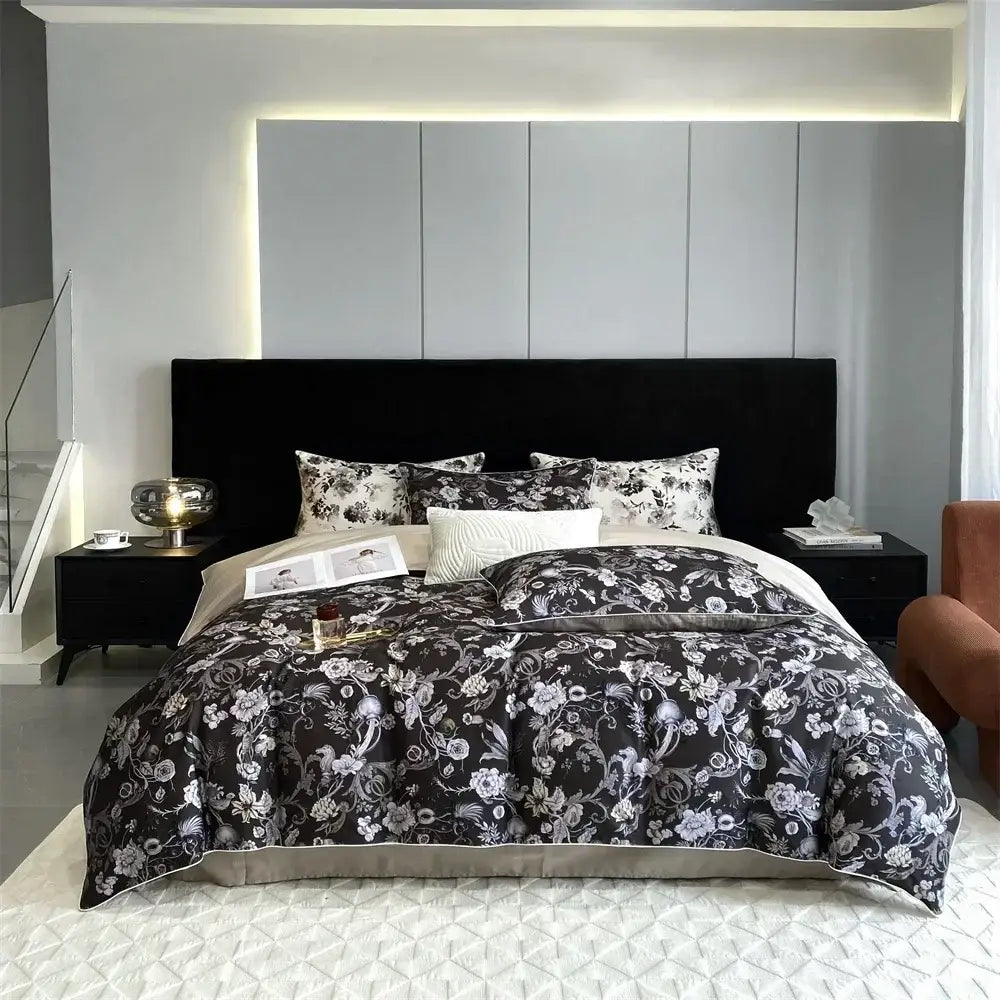 Black floral duvet cover with white and gray botanical patterns in a decorbites 1000tc egyptian cotton bedding set