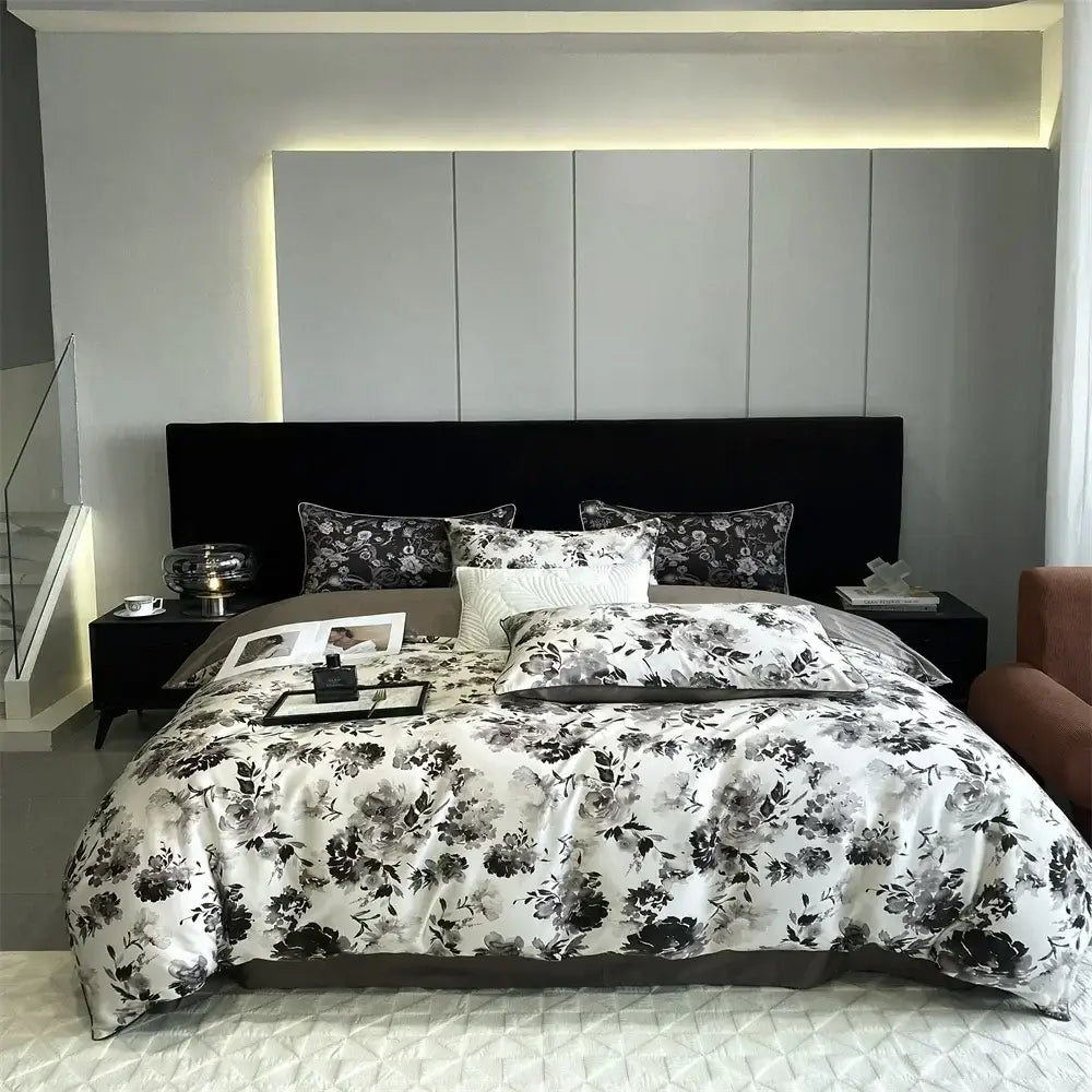 Black and white floral patterned bedding set with soft elegant design in decorbites 1000tc egyptian cotton fabric