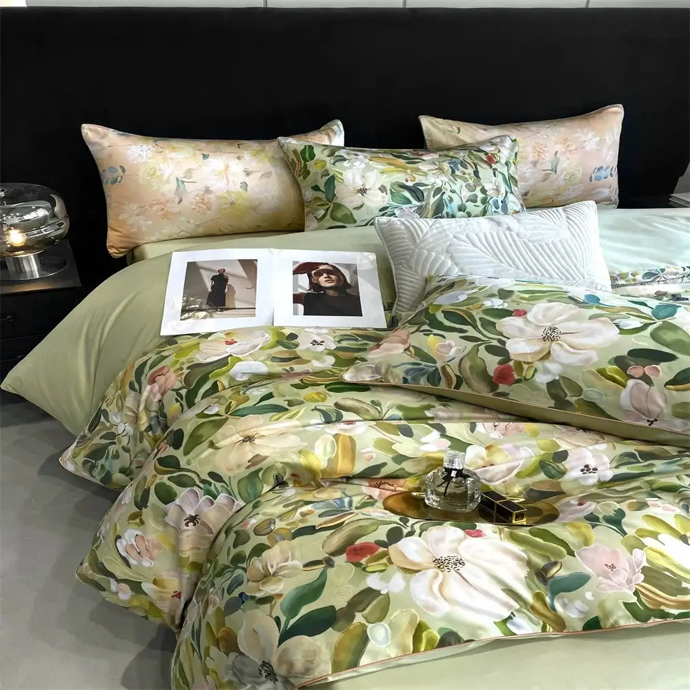 A lush green satin duvet cover with white pink and yellow floral pattern in decorbites 1000tc egyptian cotton bedding set