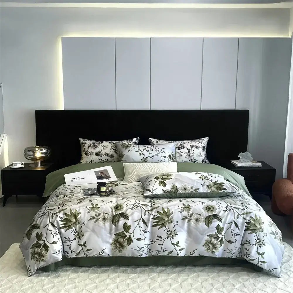 White satin duvet cover with green floral pattern and olive green bed skirt in decorbites 1000tc egyptian cotton bedding set