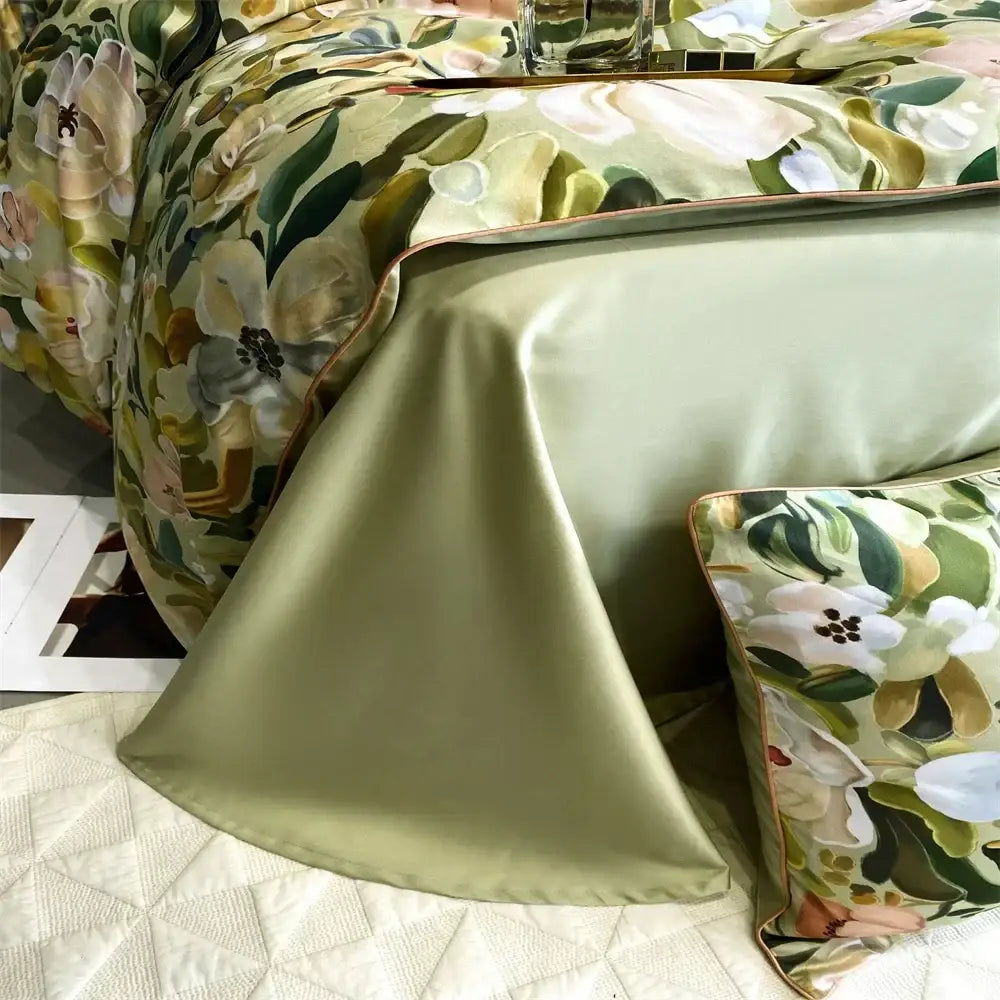 Soft sage green satin bedding set with cream, olive, and muted pink floral pattern decorbites 1000tc egyptian cotton