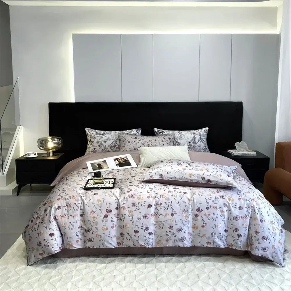 A soft light gray duvet cover with muted purple and brown floral pattern from decorbites 1000tc egyptian cotton bedding set