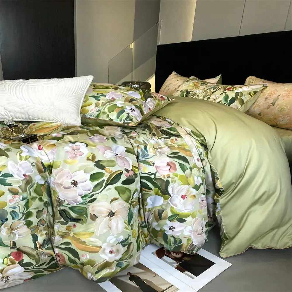 Soft sage green duvet cover with white and pink floral pattern in decorbites 1000tc egyptian cotton bedding set
