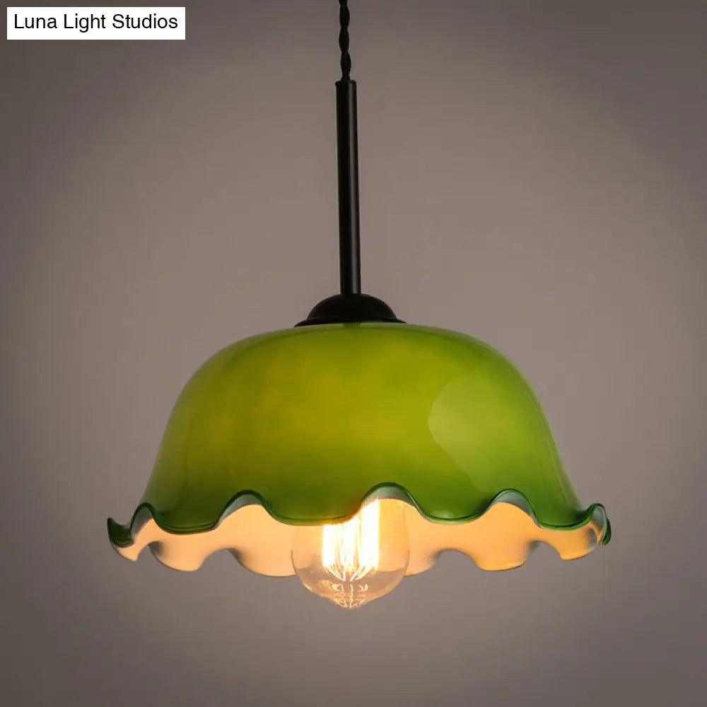 Green/White Glass Pendant Rustic Black Bowl Ceiling Lamp for Living Room