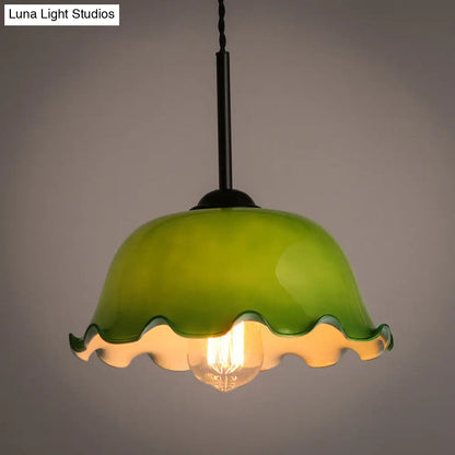 Green/White Glass Pendant Rustic Black Bowl Ceiling Lamp for Living Room