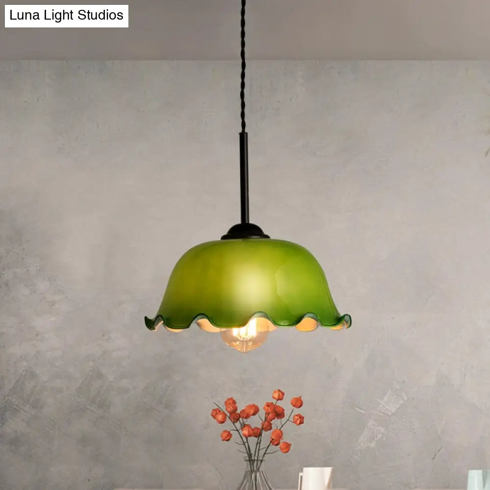 Green/White Glass Pendant Rustic Black Bowl Ceiling Lamp for Living Room