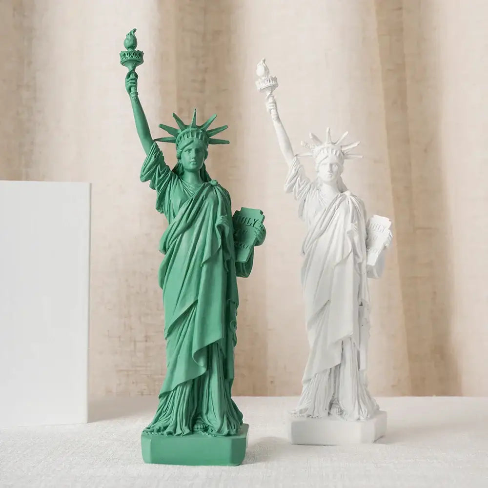 Green and white resin liberty statue model featuring classic patina and minimalist design for office desk decorbites liberty statue