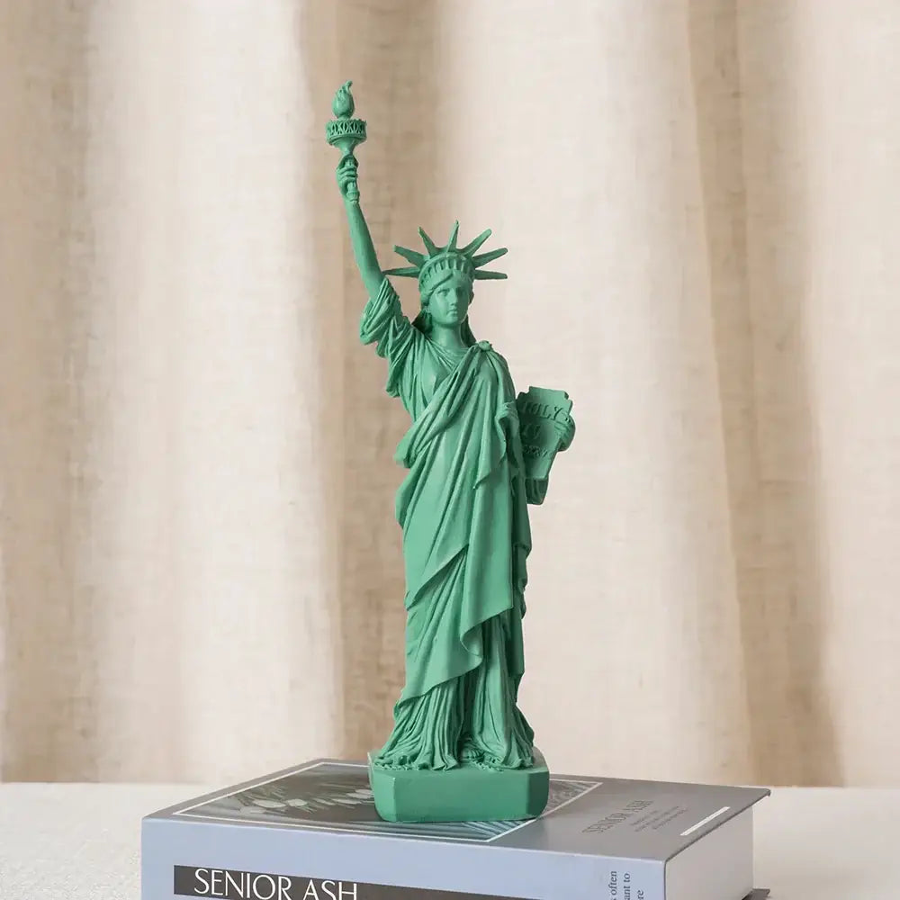 Green resin liberty statue model with detailed crown and torch for office desk decor by decorbites liberty statue