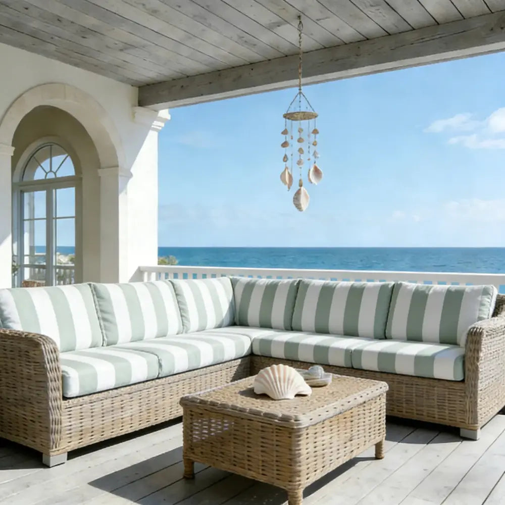 Beige wicker sectional sofa with green and white striped cushion covers for living room protection