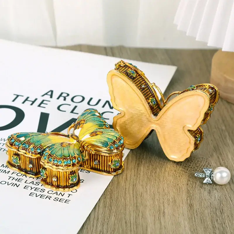 Green and yellow butterfly enamel gem jewelry box with blue crystals from decorbites butterfly enamel collection