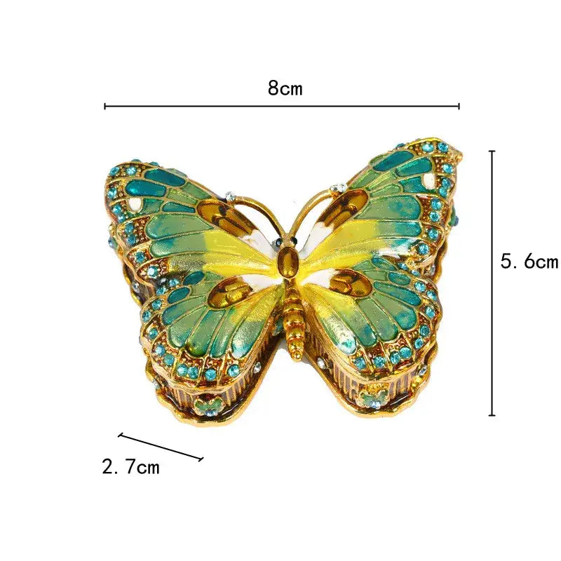 Decorbites butterfly enamel jewelry box with green and yellow iridescent wings and blue rhinestone accents for bedroom decor