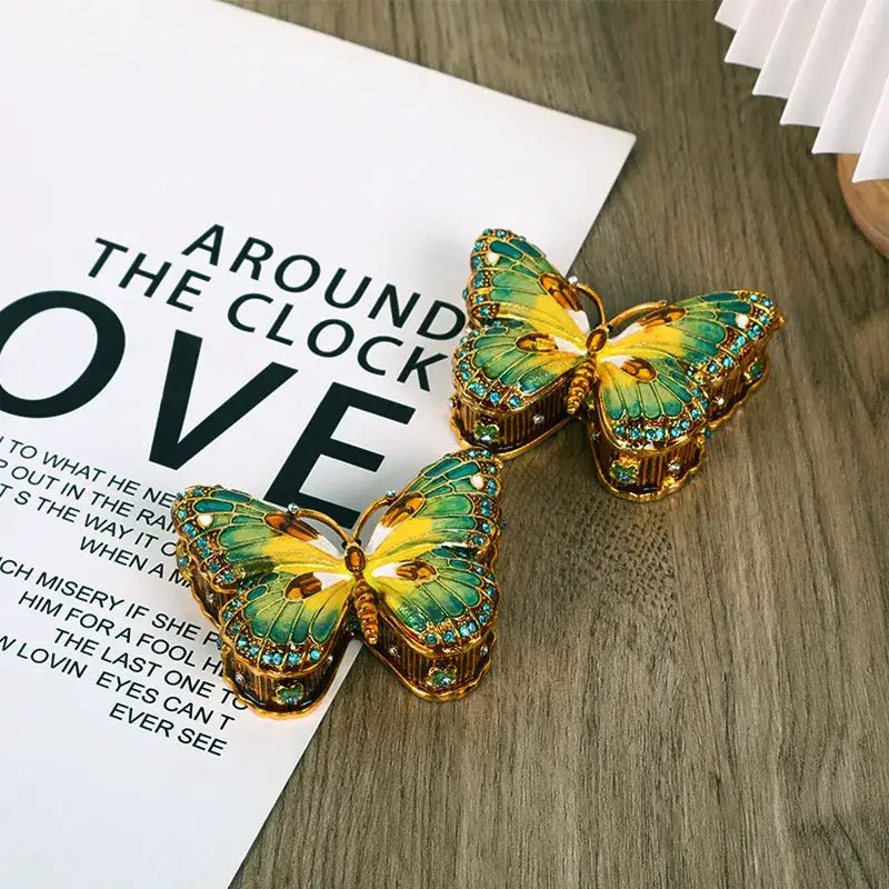 Green and yellow decorbites butterfly enamel jewelry box with gold accents and blue crystals for bedroom organizer