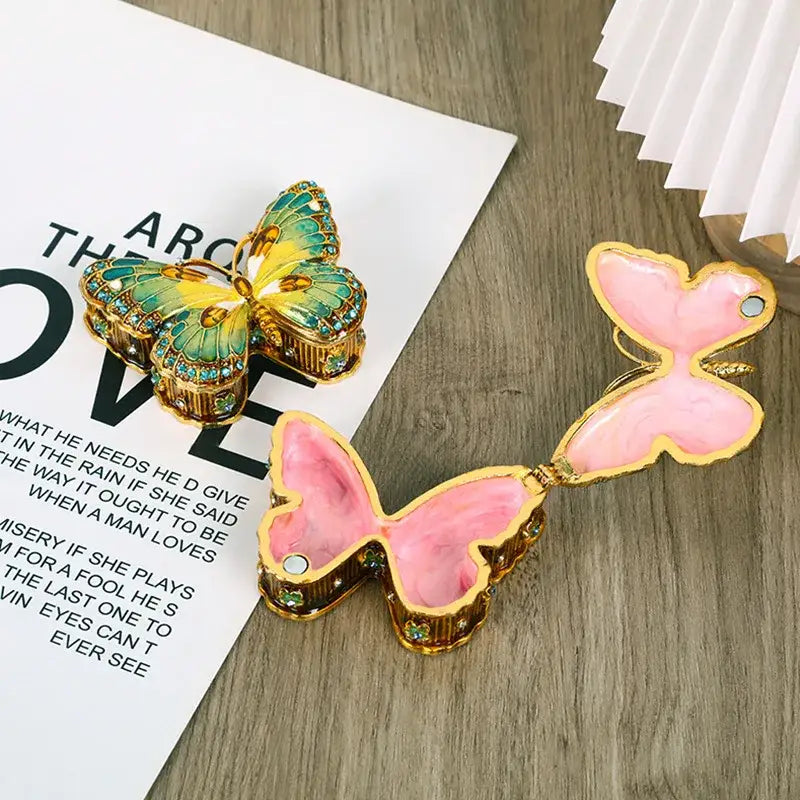 Two ornate butterfly enamel gem jewelry boxes in green yellow and soft pink for bedroom decorbites jewelry box organizer