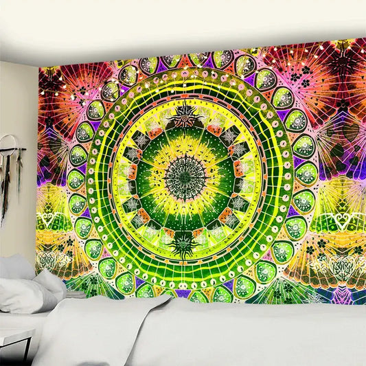 Green and yellow mandala wall hanging tapestry with intricate geometric patterns for bedroom decorbites grey mandala style