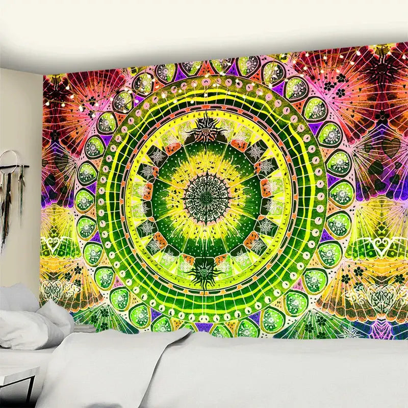 Green and yellow mandala wall hanging tapestry with intricate geometric patterns for bedroom decorbites grey mandala style