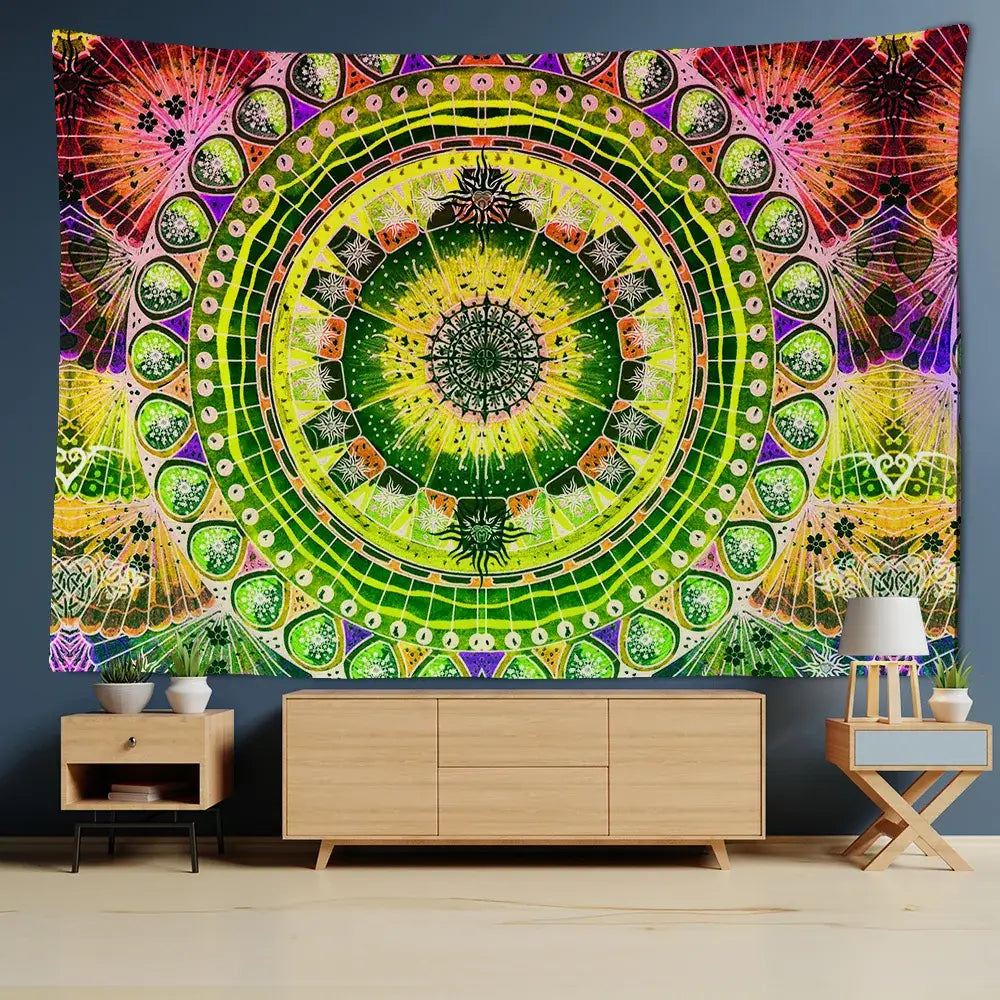 Vibrant psychedelic green and yellow mandala wall hanging tapestry featuring concentric patterns for decorbites grey mandala decor