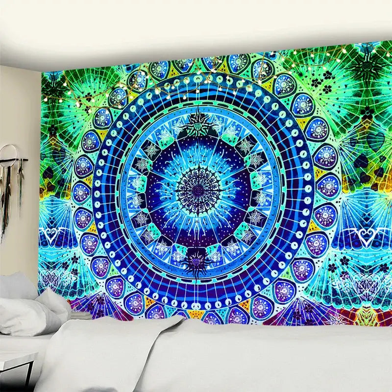 Vibrant blue and green mandala wall hanging with intricate geometric patterns for decorbites grey mandala decorbites grey mandala carpet