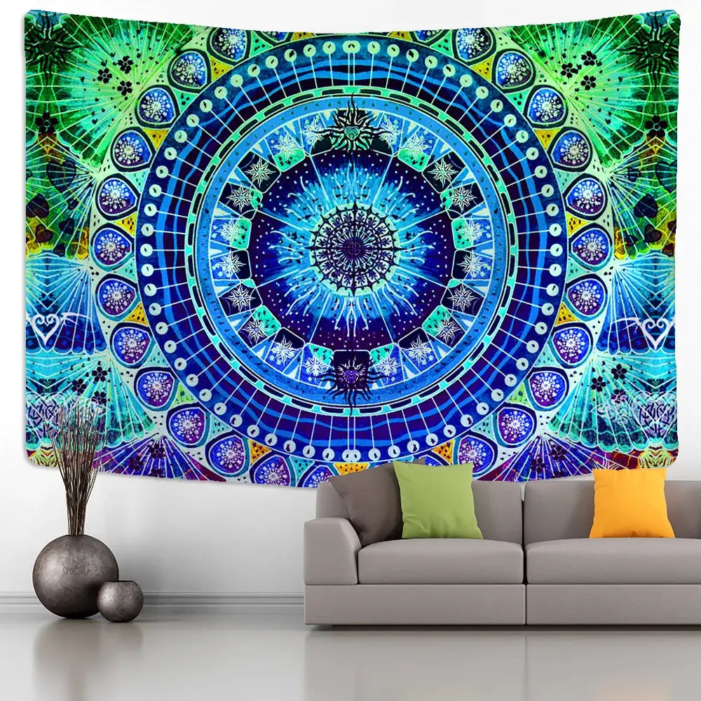 Vibrant blue and green mandala wall hanging with intricate geometric patterns for decorbites grey mandala decor