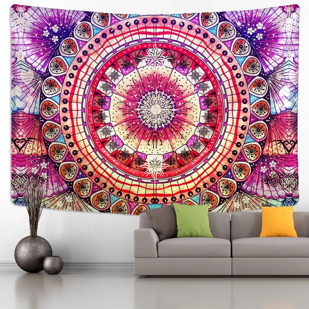 Vibrant purple and pink mandala wall hanging with intricate geometric patterns suitable for decorbites grey mandala decor