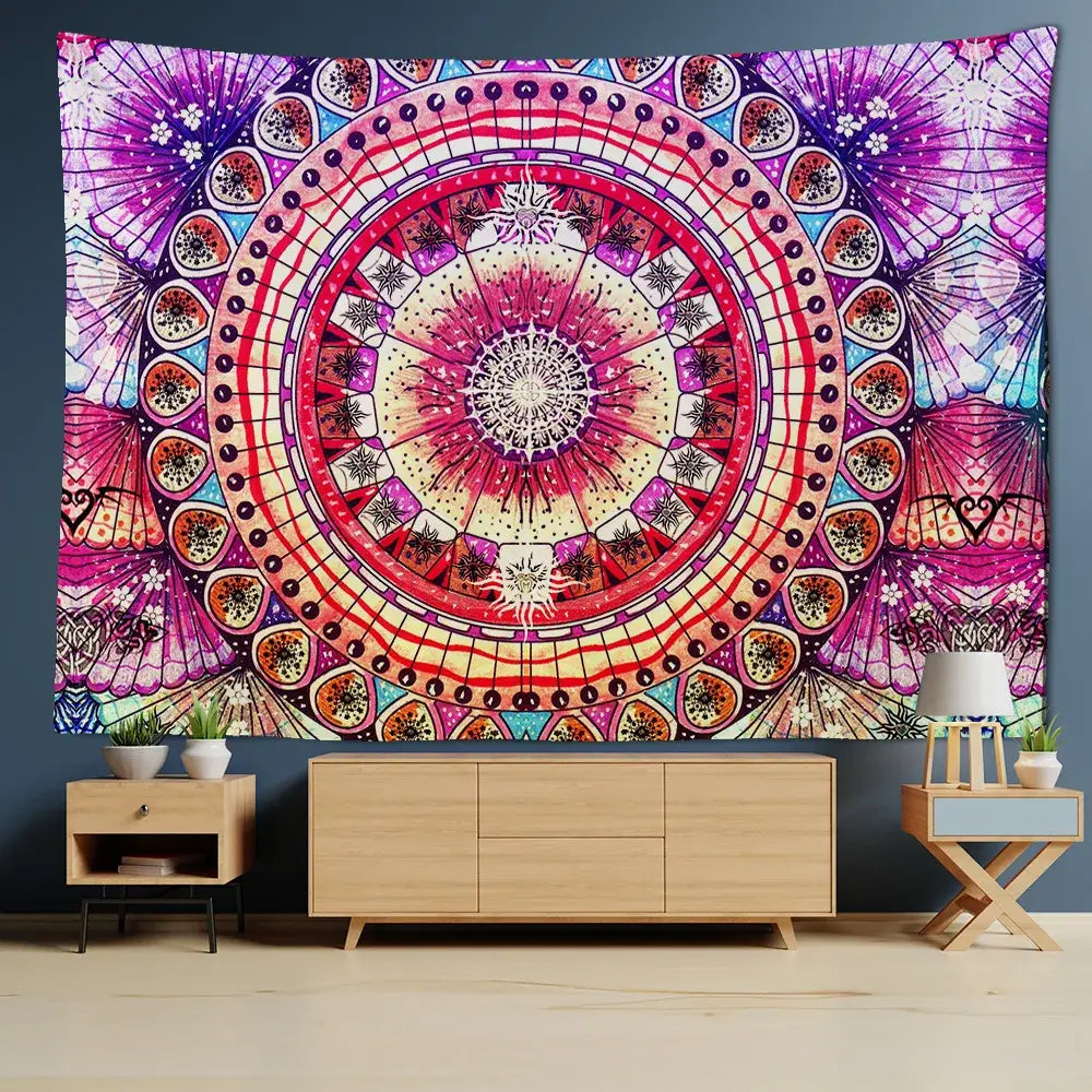 Vibrant purple and pink mandala wall hanging with intricate geometric patterns for decorbites grey mandala carpet decor