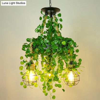 Grenade Cage Chandelier with Plant Decoration - 3 Head Iron Pendant Light for Restaurants