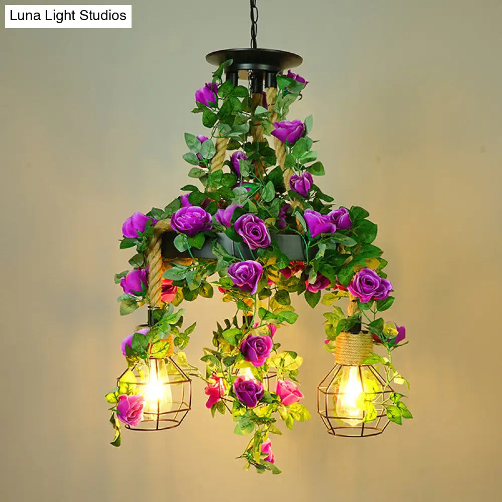 Grenade Cage Chandelier with Plant Decoration - 3 Head Iron Pendant Light for Restaurants