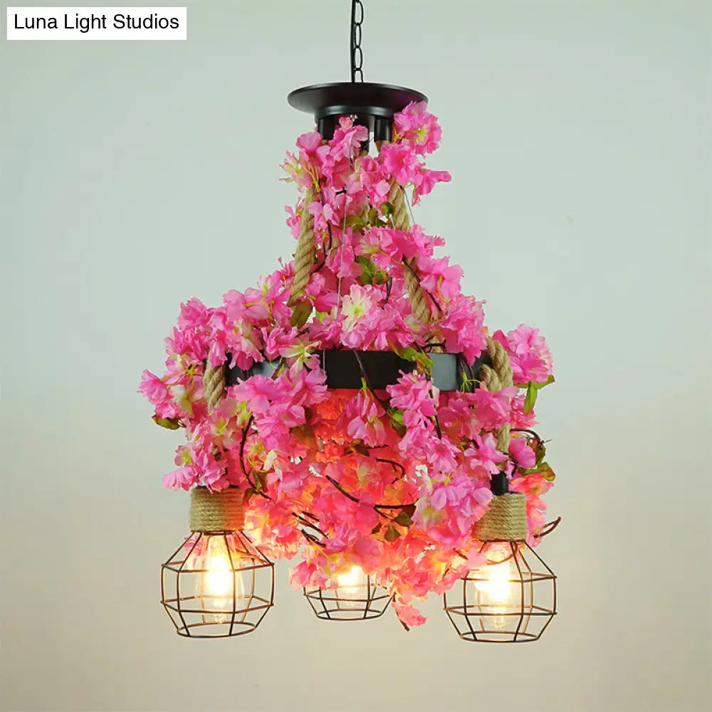 Grenade Cage Chandelier with Plant Decoration - 3 Head Iron Pendant Light for Restaurants