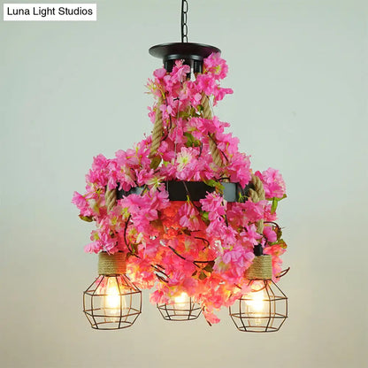 Grenade Cage Chandelier with Plant Decoration - 3 Head Iron Pendant Light for Restaurants