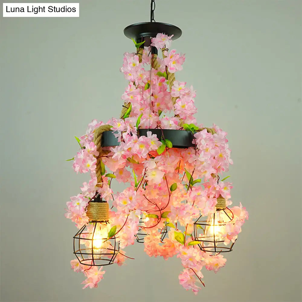 Grenade Cage Chandelier with Plant Decoration - 3 Head Iron Pendant Light for Restaurants