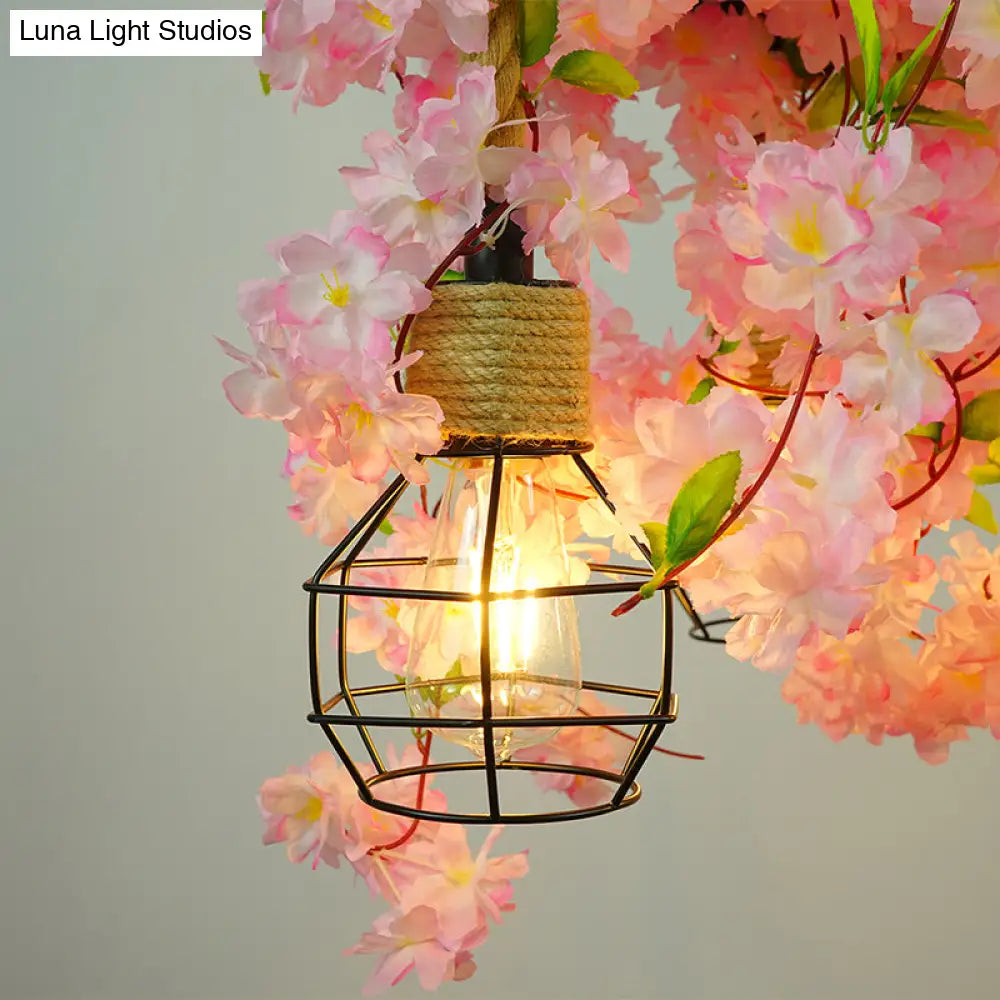 Grenade Cage Chandelier with Plant Decoration - 3 Head Iron Pendant Light for Restaurants