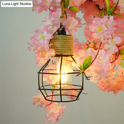 Grenade Cage Chandelier with Plant Decoration - 3 Head Iron Pendant Light for Restaurants