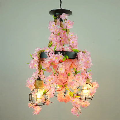 Grenade Cage Chandelier with Plant Decoration - 3 Head Iron Pendant Light for Restaurants