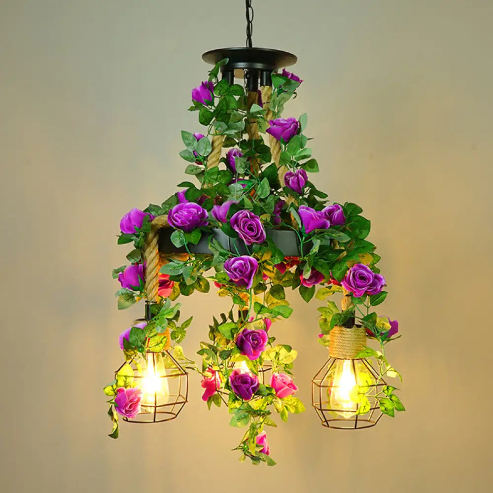 Grenade Cage Chandelier with Plant Decoration - 3 Head Iron Pendant Light for Restaurants