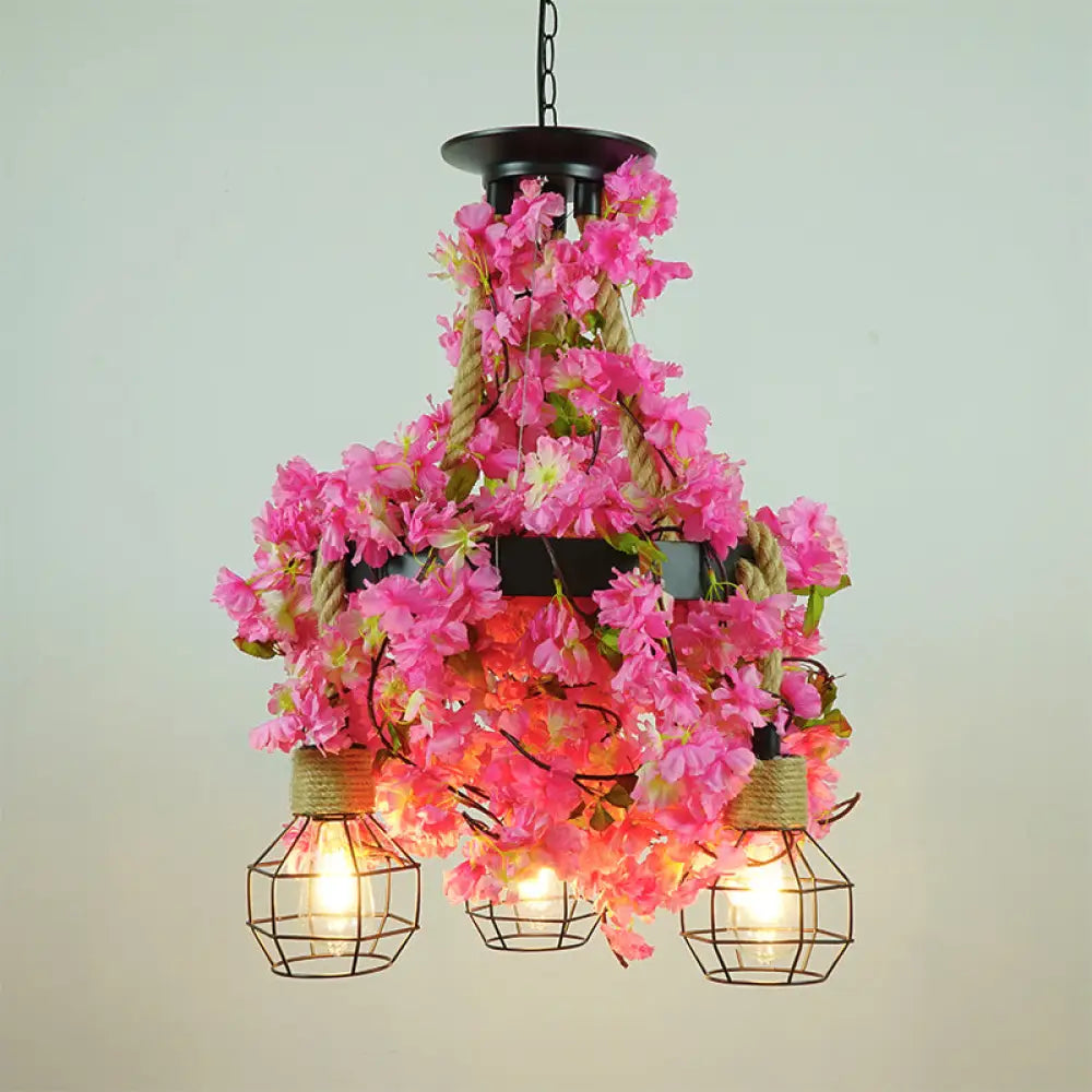 Grenade Cage Chandelier with Plant Decoration - 3 Head Iron Pendant Light for Restaurants