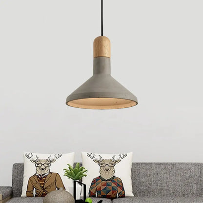 Grey and Wood Vintage Style Cement Pendant Light Kit - Flared Design, 1 Head Ceiling Lamp