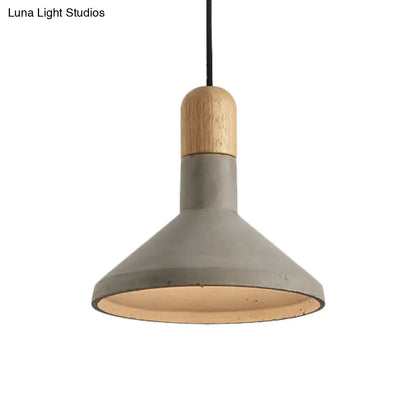 Grey and Wood Vintage Style Cement Pendant Light Kit - Flared Design, 1 Head Ceiling Lamp