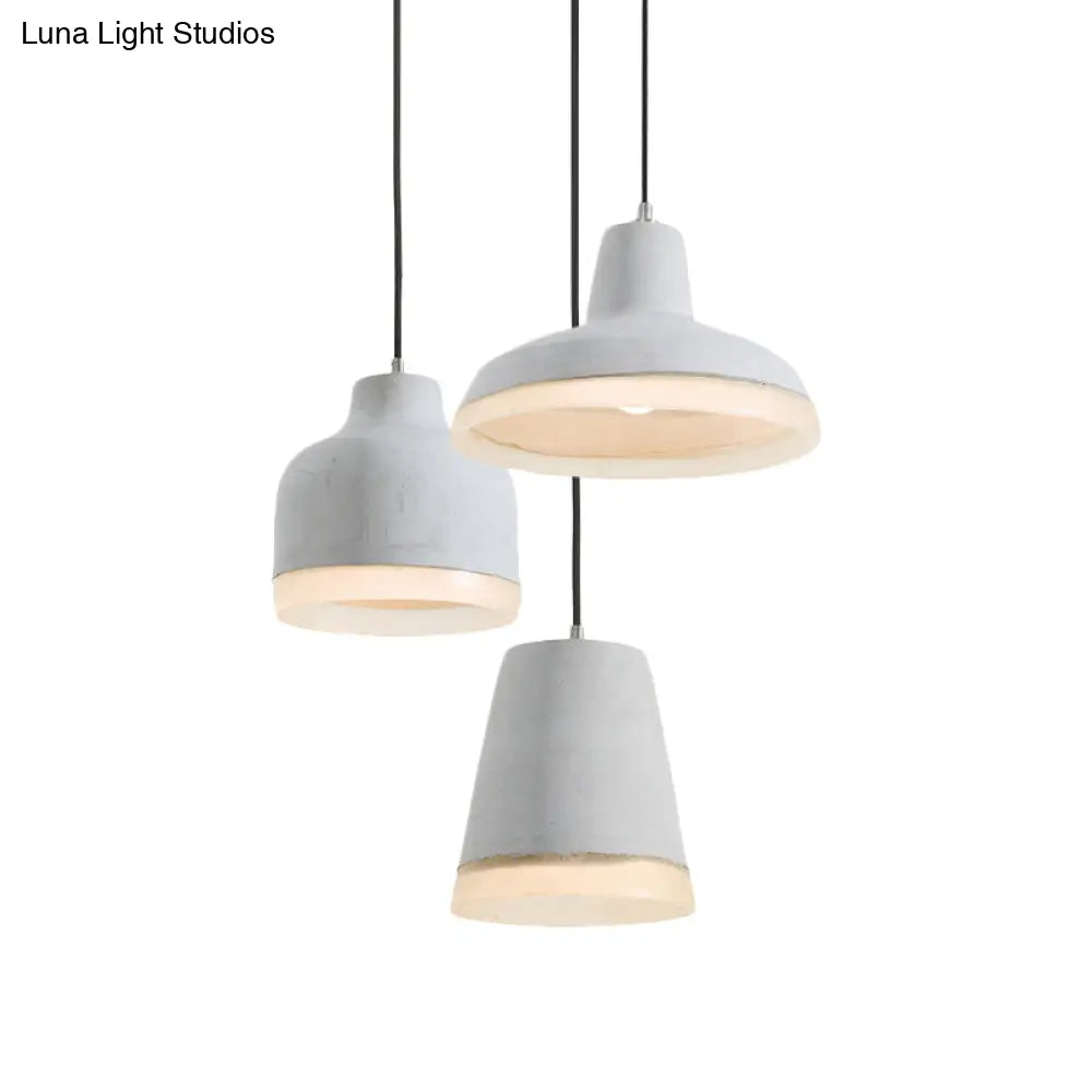 Grey Cement Pendant Lamp: Vintage Geometry with Linear/Round Canopy - Set of 3 Hanging Bulbs