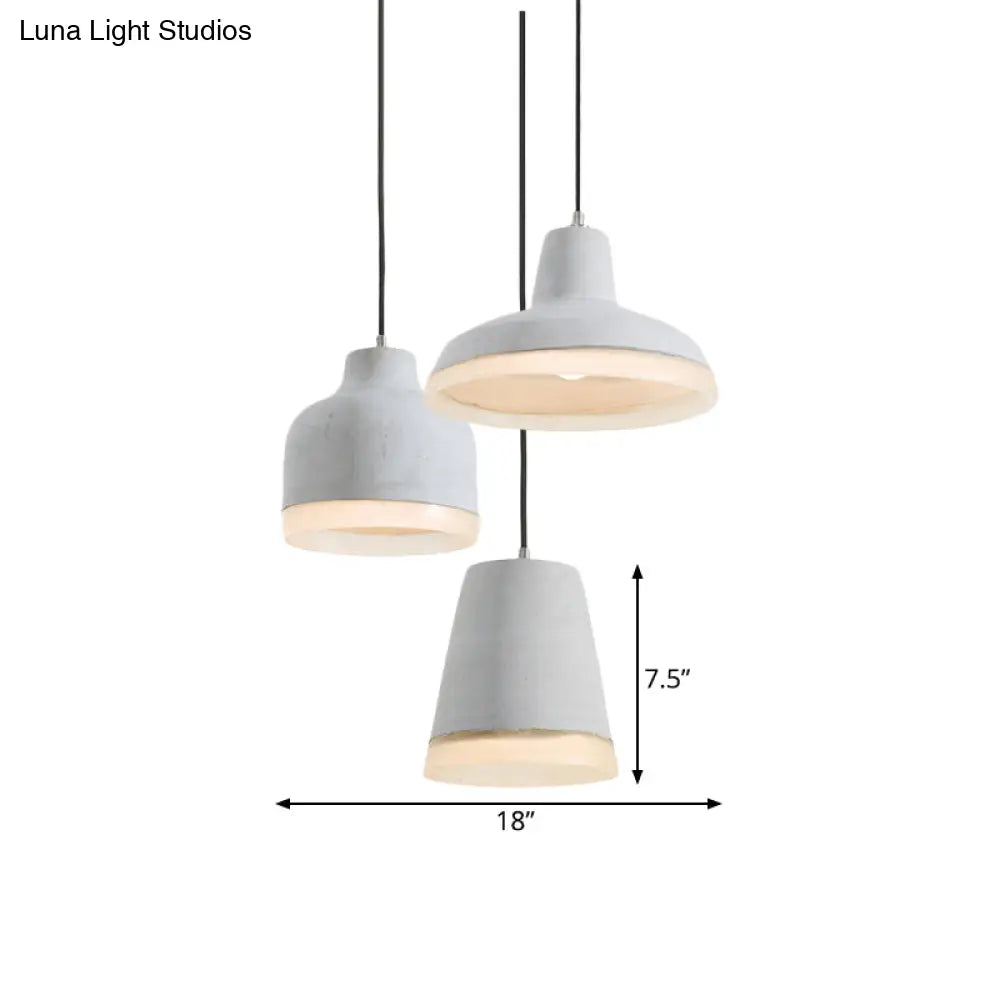 Grey Cement Pendant Lamp: Vintage Geometry with Linear/Round Canopy - Set of 3 Hanging Bulbs