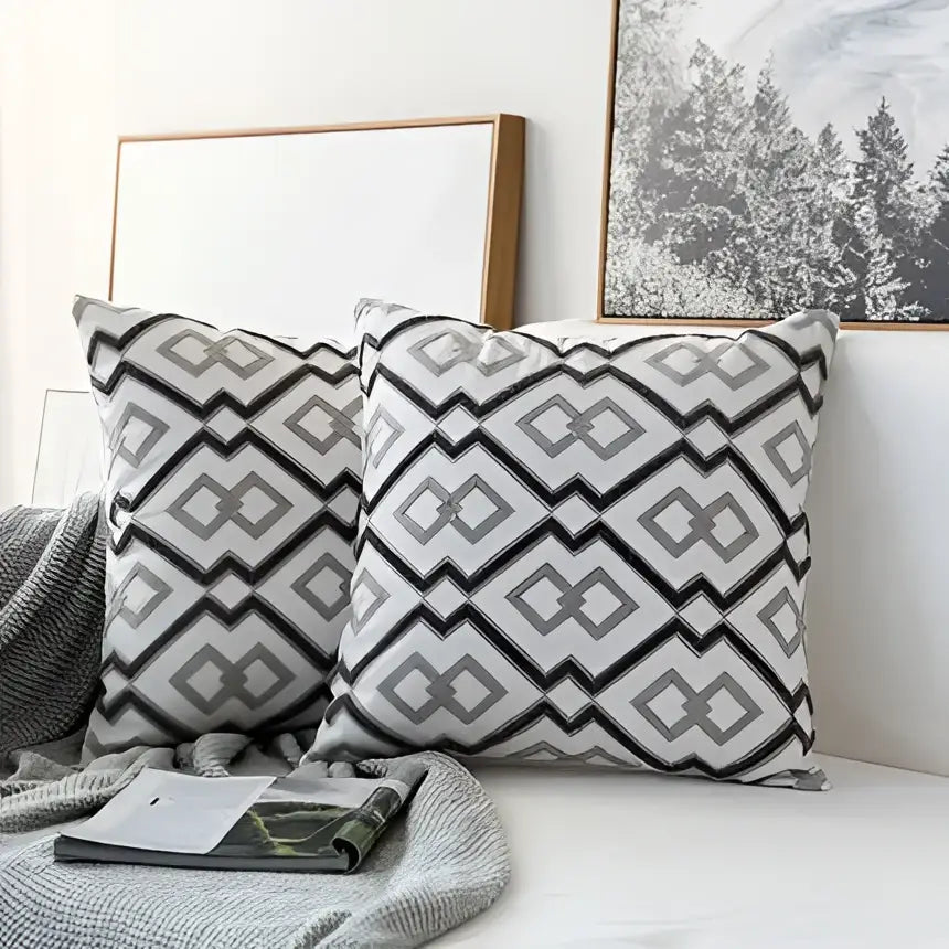 Grey geometric embroidered cushion cover with gray and white zigzag pattern for living room decorbites grey geometric decor