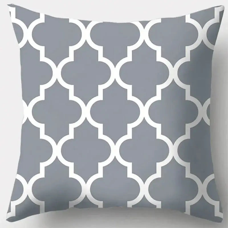 Grey geometry patterned pillow case with white quatrefoil design for living room decor and comfort