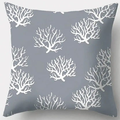 Gray throw pillow case with grey geometry pattern featuring white coral branches for living room decor