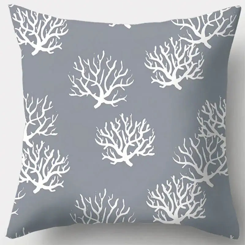 Gray throw pillow case with grey geometry pattern featuring white coral branches for living room decor