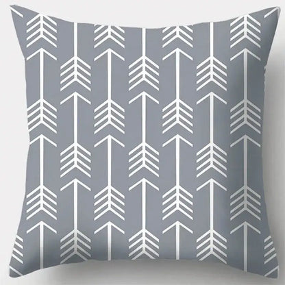 Gray throw pillow case with a grey geometry pattern of white arrow designs for living room decor